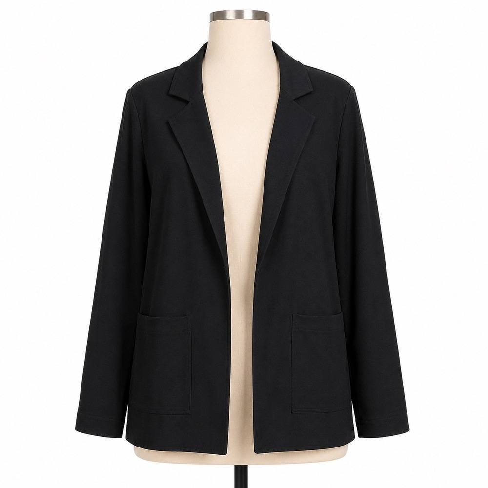 Athleta Eastbound Blazer Women 10 Black Open Front Stretch Lyocell Patch Pockets